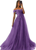 Off The Shoulder Tulle Prom Dresses 2027 Lace Applique A Line Long Sparkly Formal Evening Party Gowns