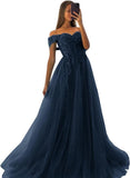 Off The Shoulder Tulle Prom Dresses 2027 Lace Applique A Line Long Sparkly Formal Evening Party Gowns
