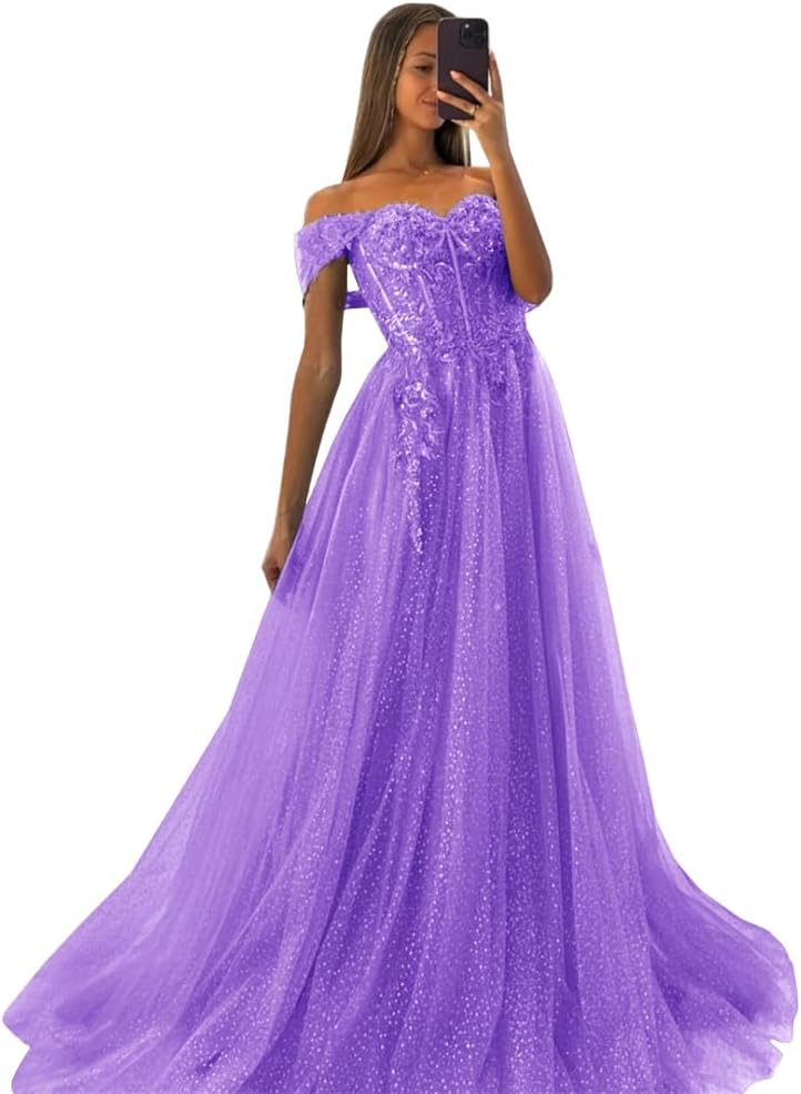 Off The Shoulder Tulle Prom Dresses 2027 Lace Applique A Line Long Sparkly Formal Evening Party Gowns