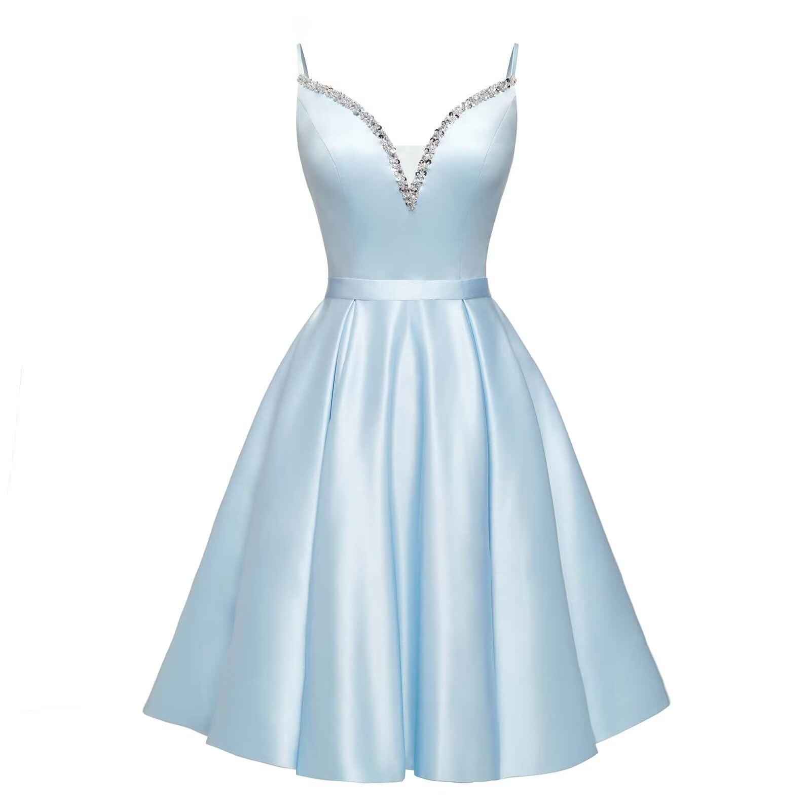 Spaghetti Straps Satin Homecoming Dresses for Teens V-Neck Short Prom Dress A-Line Beaded Cocktail Party Gowns