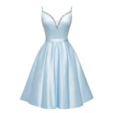 Spaghetti Straps Satin Homecoming Dresses for Teens V-Neck Short Prom Dress A-Line Beaded Cocktail Party Gowns