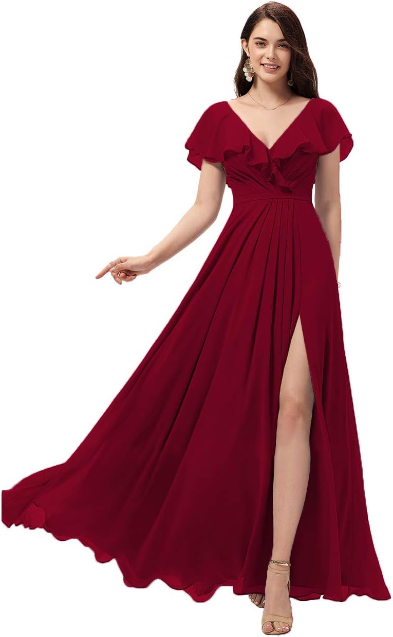 Vestidos de dama de honor largos con escote en V y volantes de gasa para mujer, vestidos de noche formales