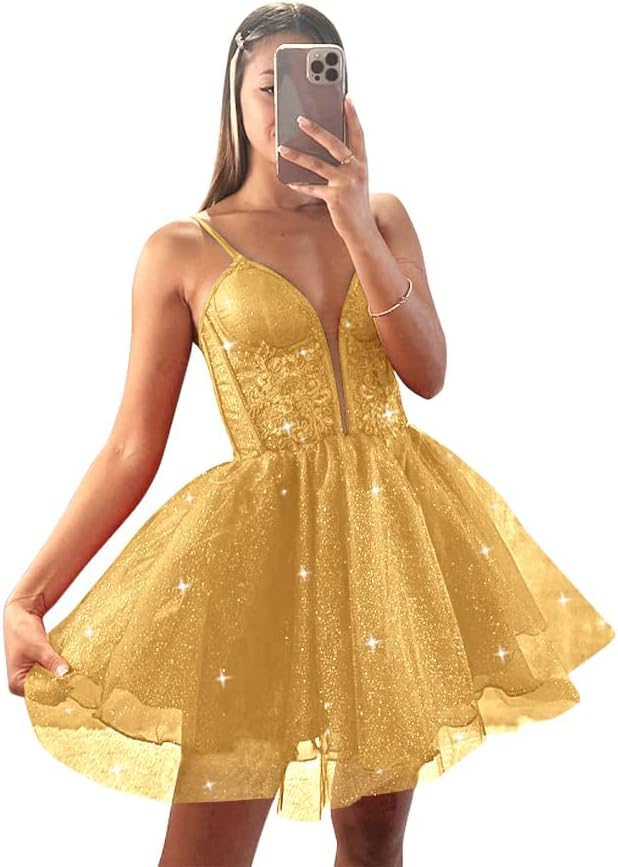 Glitter Tulle Homecoming Dresses for Teens Spaghetti V Neck Short Prom Dresses A Line Mini Cocktail Party Gowns