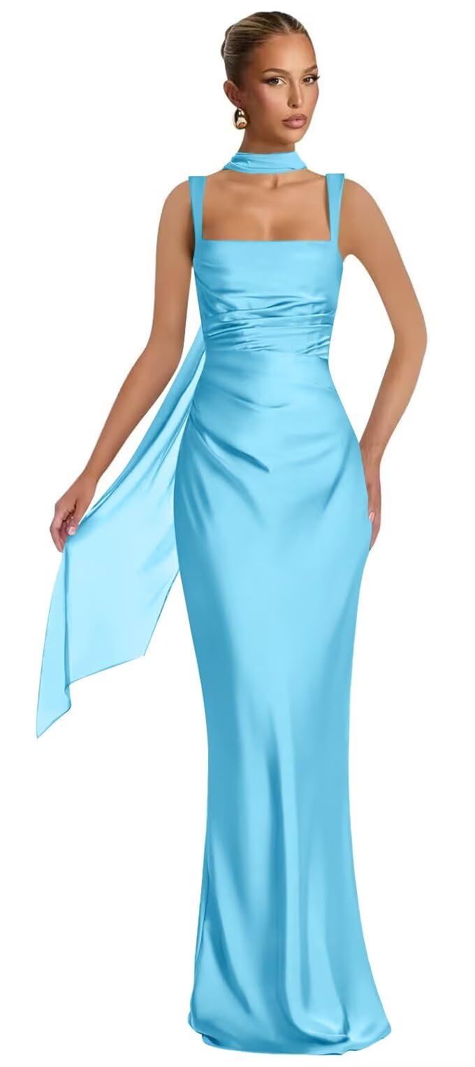Mermaid Bridesmaid Dresses with Scarf 2027 Long Satin Spaghetti Straps Ruched Formal Evening Party Dress for Women