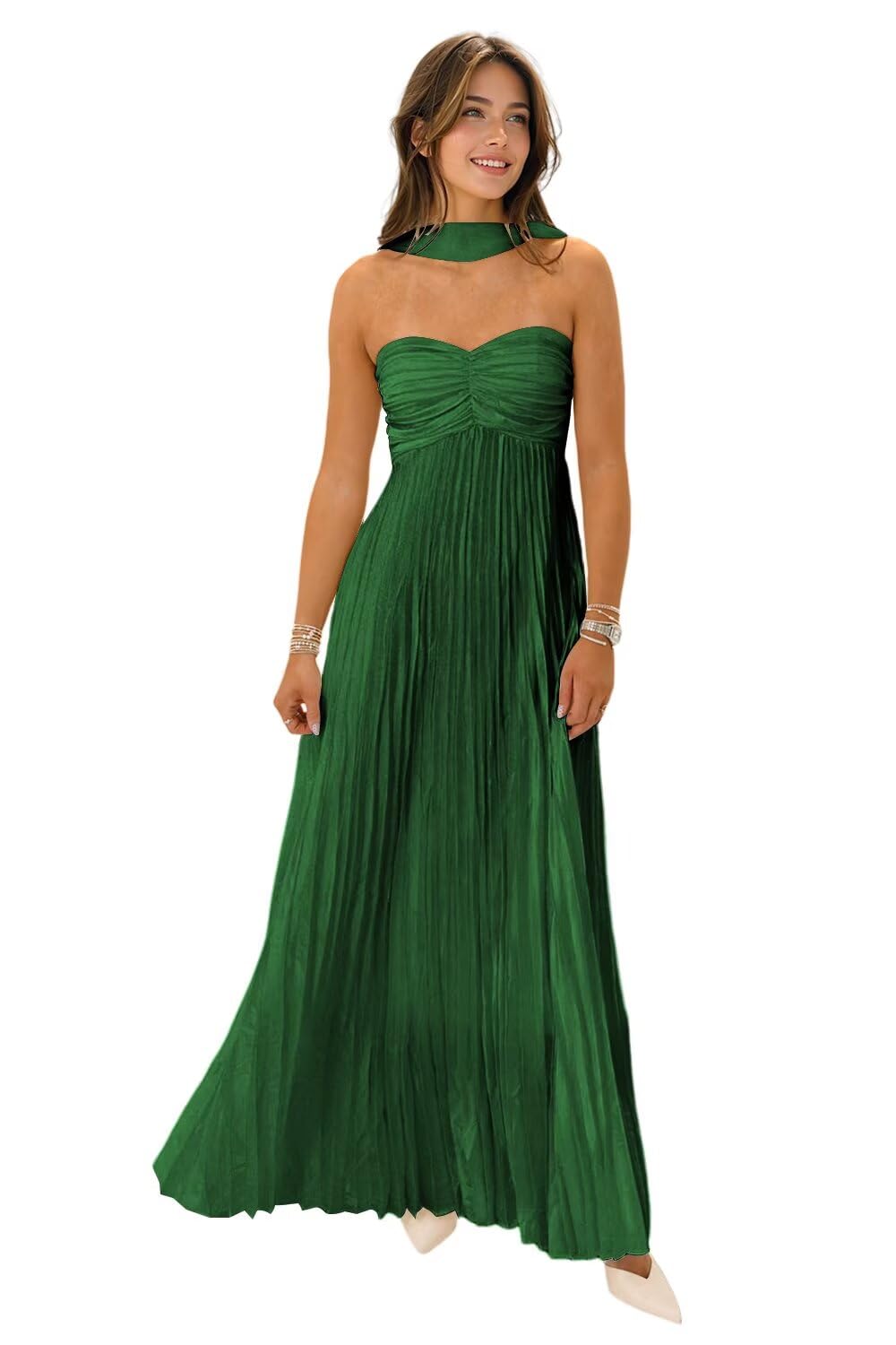 Flowy Chiffon Bridesmaid Prom Dress with Scarf Strapless Pleated Formal Evening Dresses