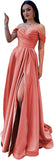 Schulterfreies Satin-Ballkleid, herzförmiger Ausschnitt, formelles Kleid, A-Linie, Abendkleid mit Schlitz 