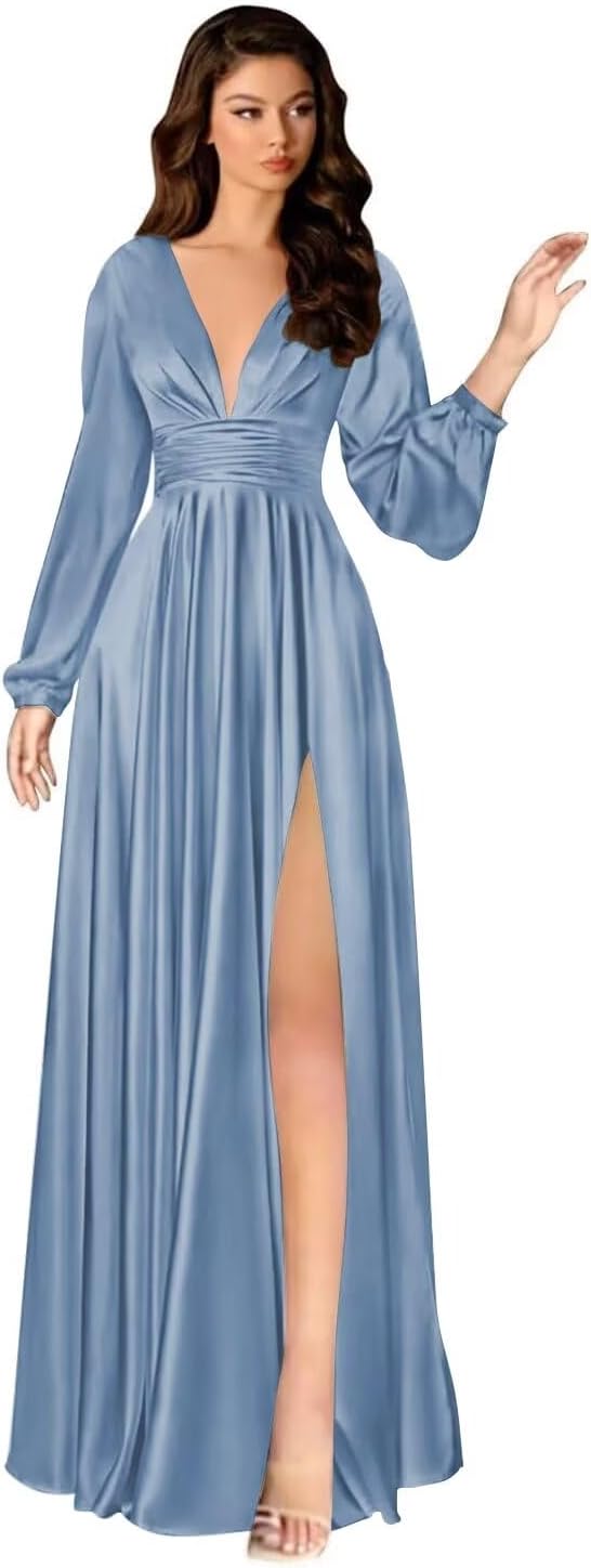 Kingbridal Gowns Long Sleeve Satin Bridesmaid Dresses for Women Long A-Line V-Neck Pleated Formal Evening Party Ball Gown with Slit