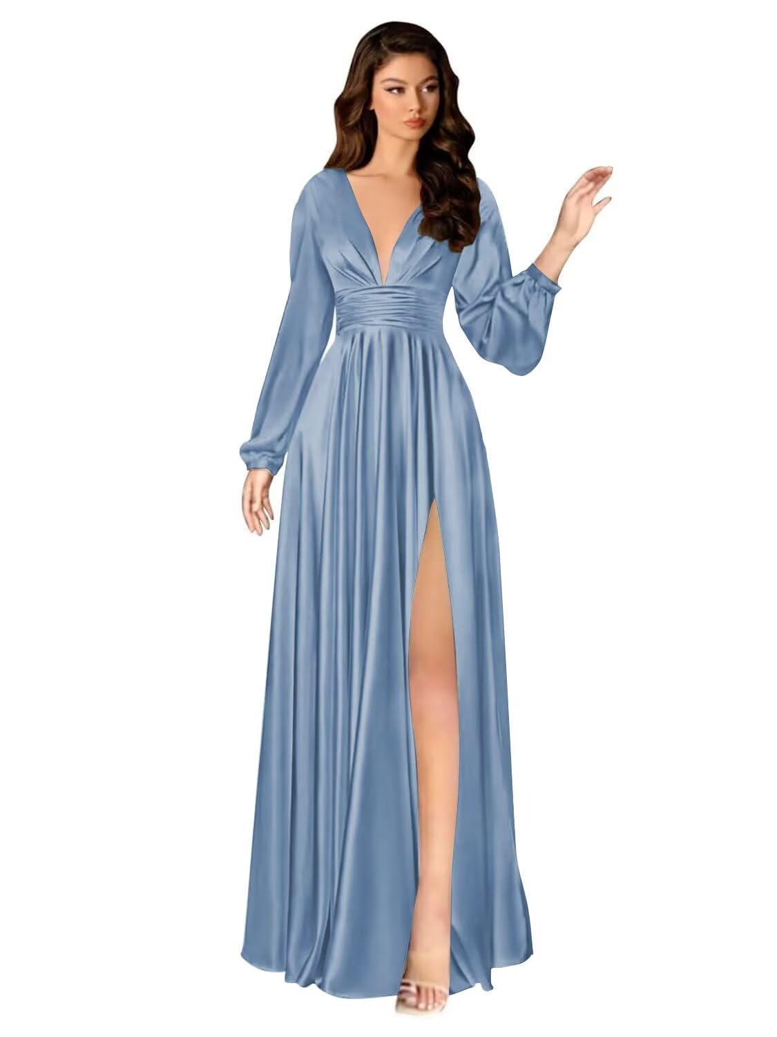 Kingbridal Gowns Long Sleeve Satin Bridesmaid Dresses for Women Long A-Line V-Neck Pleated Formal Evening Party Ball Gown with Slit