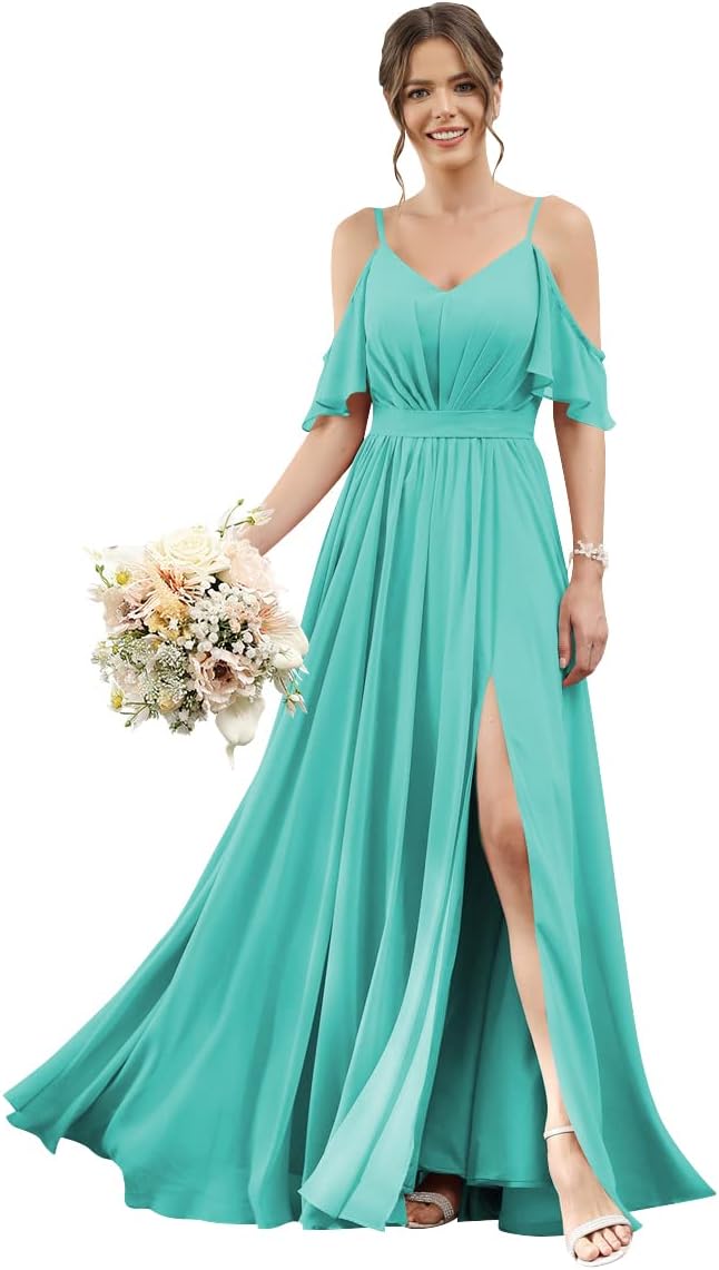 Women's Cold Shoulder Ruffle Sleeves Bridesmaid Dresses for Women 2025 Pleated Chiffon Formal Dresses with Slit