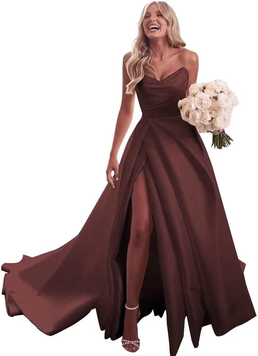 Trägerloses Ballkleid, langes Ballkleid, Satin-Brautkleid für die Braut, A-Linie, formelle Abendkleider mit Schlitz 