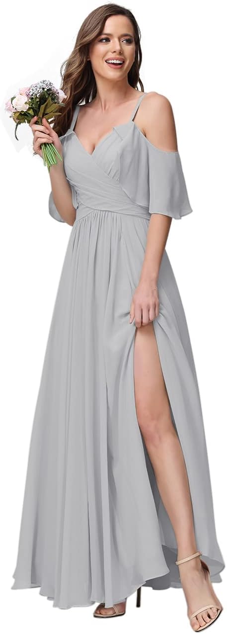 Women's Long Spaghetti Straps Bridesmaid Dress with Slit Off Shoulder Chiffon Formal Party Gowns