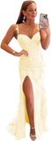 Women's Lace Mermaid Prom Dresses Long with Slit Mermaid Spaghetti Straps Backless Formal Evening Gowns