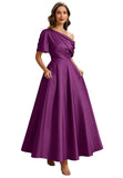 Kingbridal Satin Mother of The Bride Dresses for Women Tea Length Formal Dress One Shoulder Evening Party Gowns with Pockets