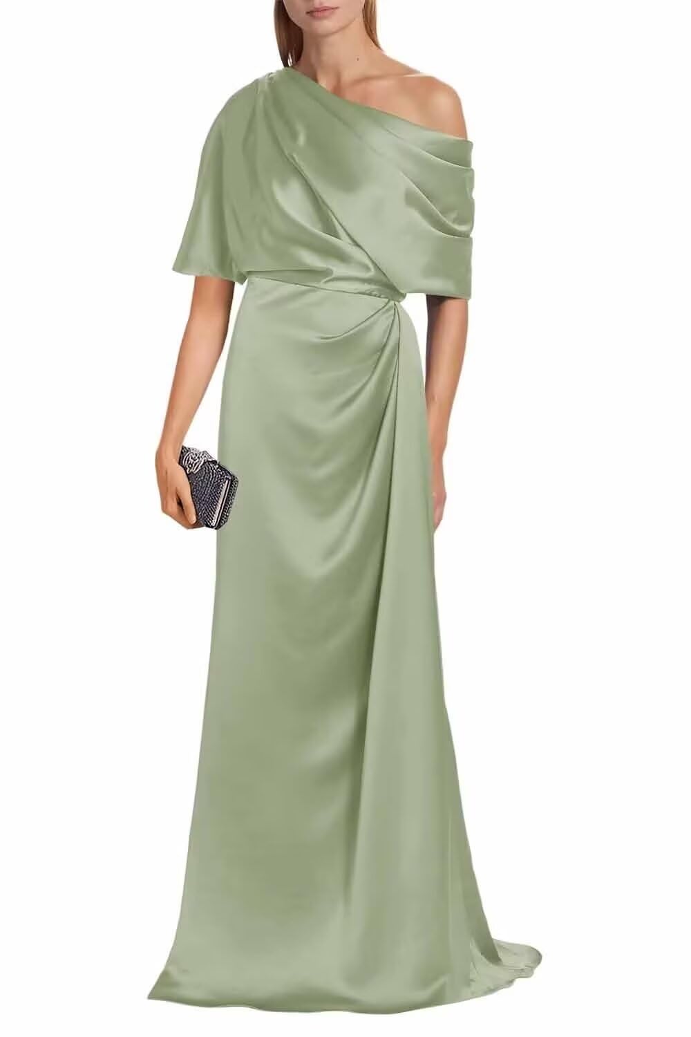 Satin Mother of The Bride Dresses for Wedding One Shoulder Formal Dress with Sleeves Mermaid Evening Party Gowns