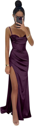 Women's Satin Prom Dresses 2025 Split Halter Mermaid Corset Beaded Formal Dresses Evening Gowns