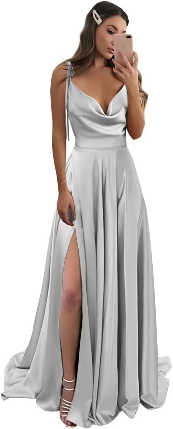 Vestidos de fiesta largos de satén con abertura alta para mujer, 2024, tirantes finos ajustables, vestidos de fiesta formales con bolsillos 