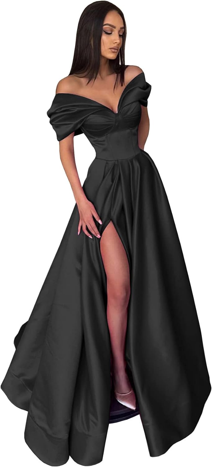 Women’s Off The Shoulder Prom Dresses with Slit Satin Ruched Long Formal Evening Gowns