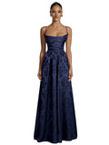 Floral Jacquard Prom Dresses for Women Spaghetti Straps A Line Satin Cowl Neck Formal Evening Party Dress