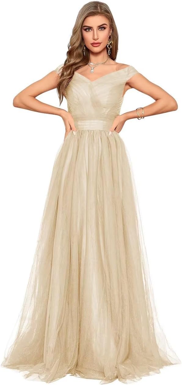 Schulterfreies Ballkleid, langes Ballkleid für Damen, A-Linie, Herzausschnitt, mehrlagiges Tüllkleid für Hochzeit, Abendparty 