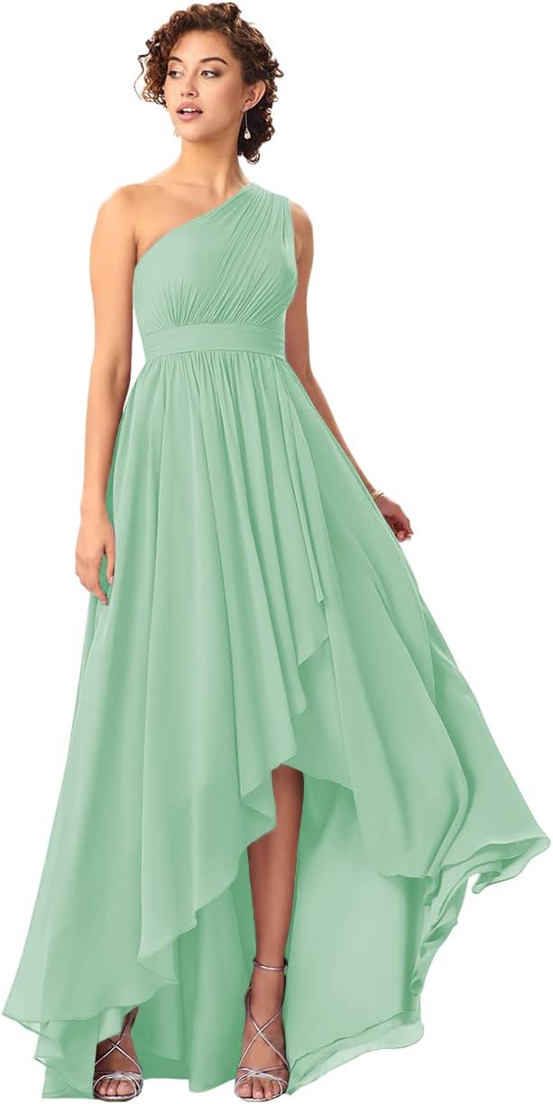 Women's One Shoulder Bridesmaid Dresses High Low Chiffon Formal Party Gowns with Pockets