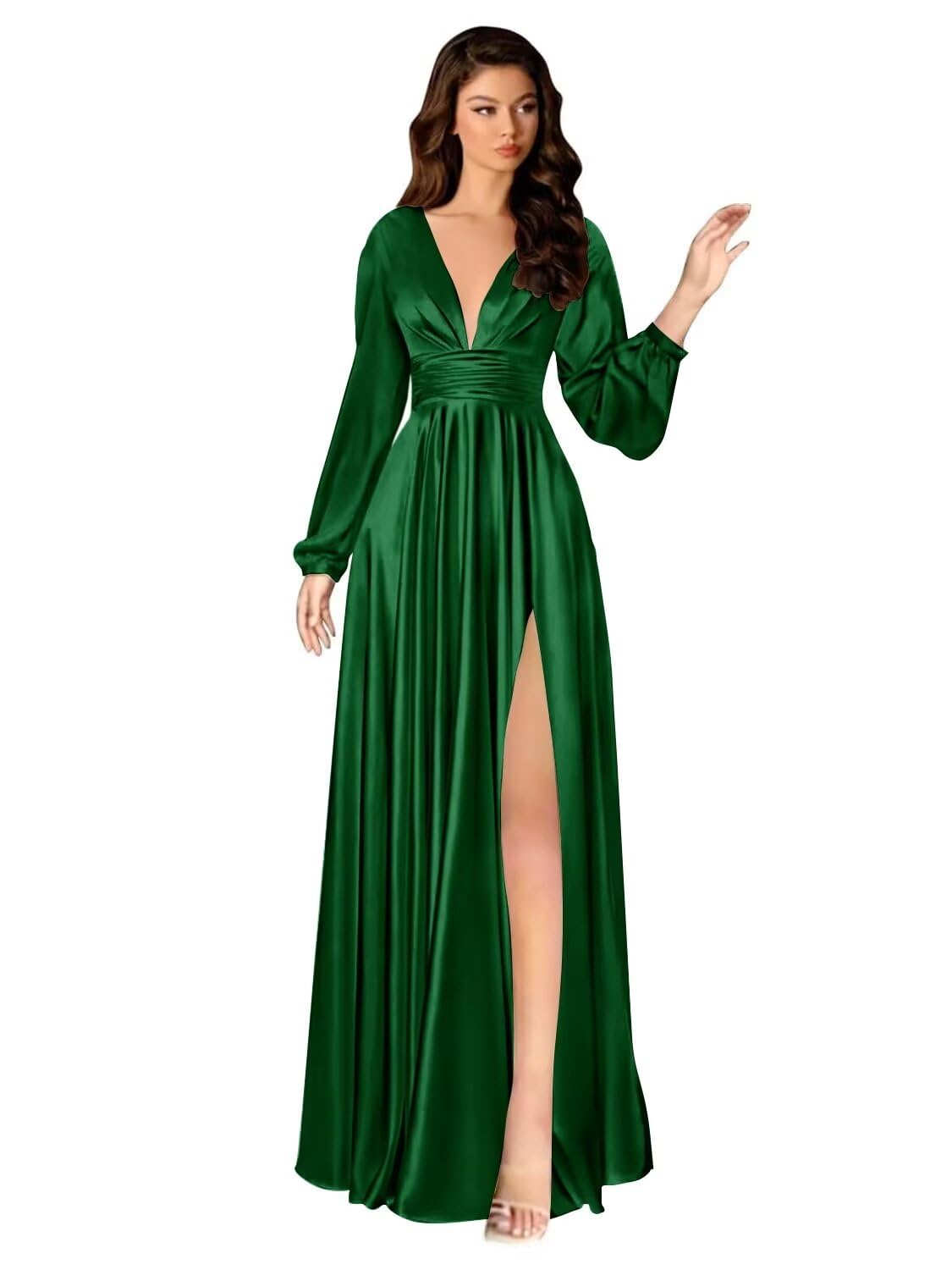 Kingbridal Gowns Long Sleeve Satin Bridesmaid Dresses for Women Long A-Line V-Neck Pleated Formal Evening Party Ball Gown with Slit