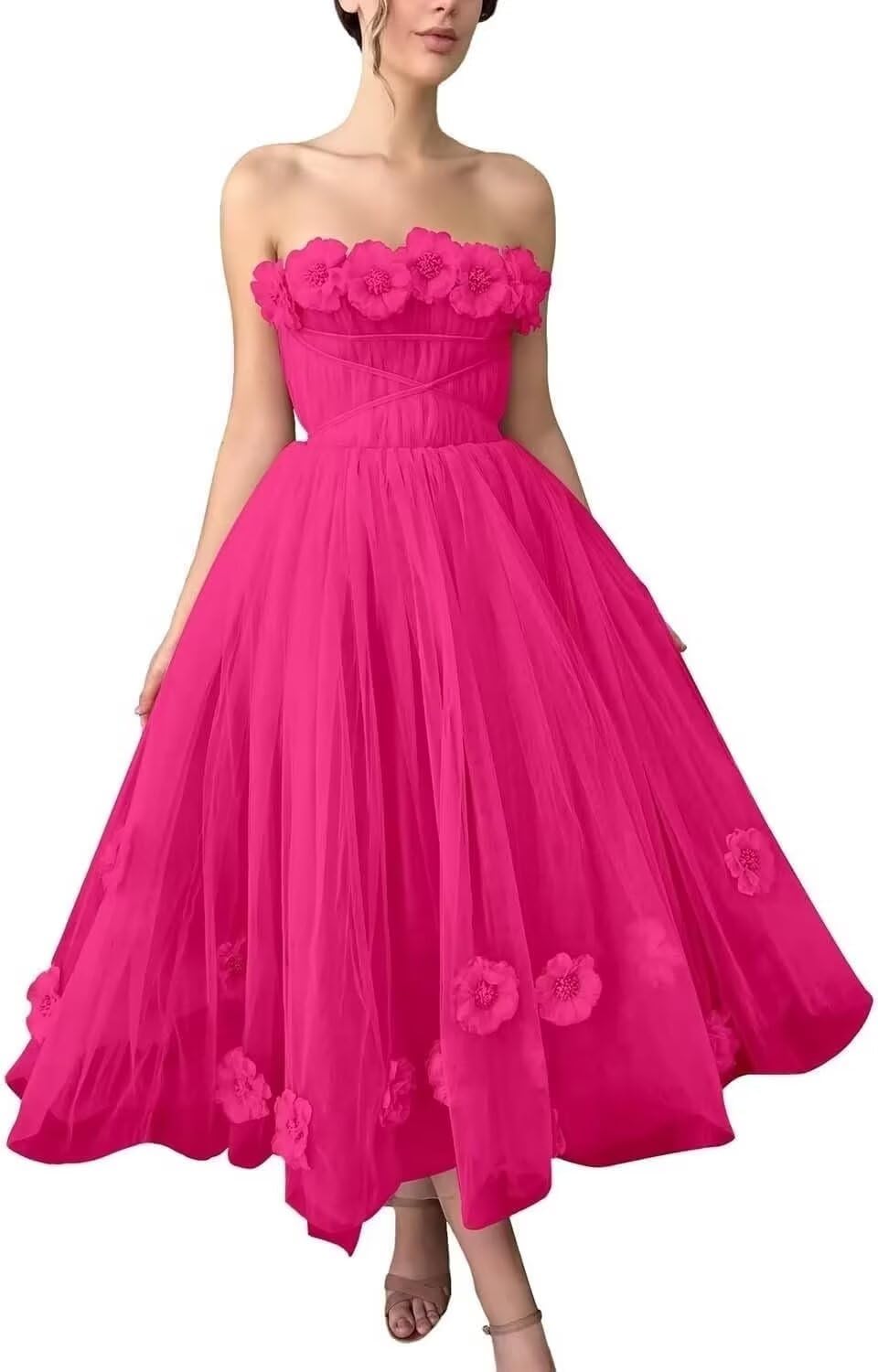 Women's 3D Flower Off Shoulder Tea Length Whimsical Prom Dress, A Line Strapless Tulle Formal Evening Party Gown