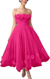 Women's 3D Flower Off Shoulder Tea Length Whimsical Prom Dress, A Line Strapless Tulle Formal Evening Party Gown