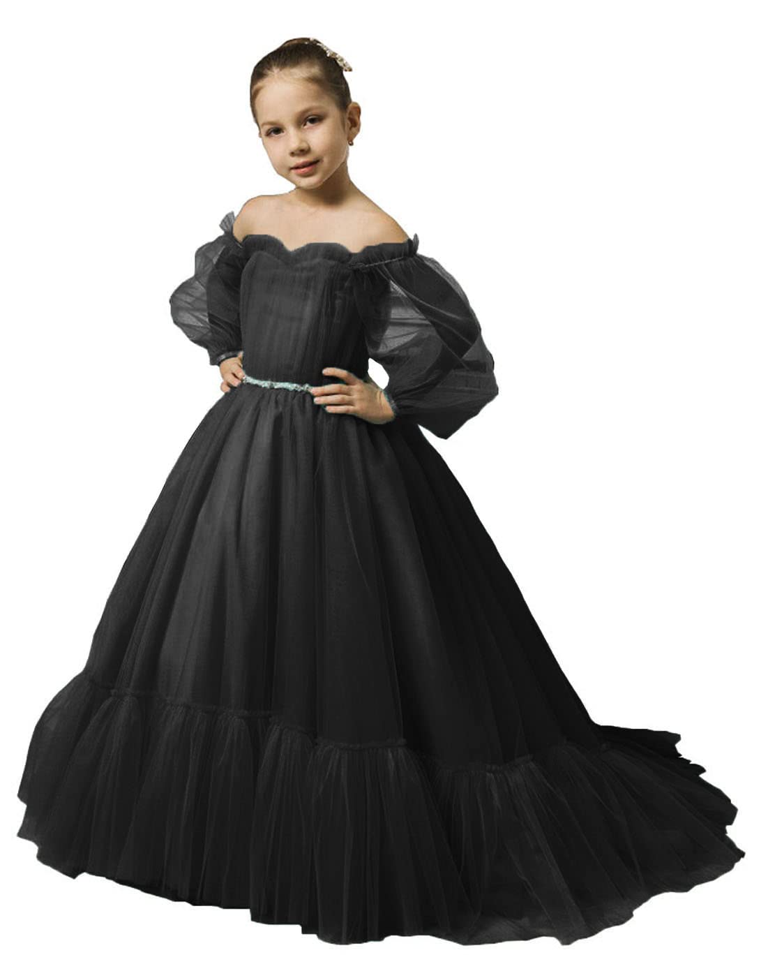Puffy Sleeves Flower Girl Dress for Wedding Tulle Princess Pageant Dress Kids Prom Ball Gown with Belt