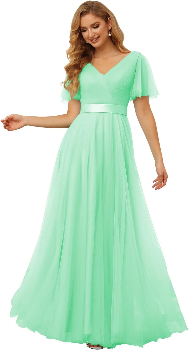Damen Brautjungfernkleider mit Flatterärmeln, Tüll, lang, V-Ausschnitt, Empire-Taille, formelles Kleid 