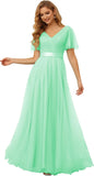 Damen Brautjungfernkleider mit Flatterärmeln, Tüll, lang, V-Ausschnitt, Empire-Taille, formelles Kleid 