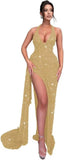 Sparkly Sequin Halter Prom Dresses for Women Mermaid Formal Dress with Slit Backless Ruched Evening Party Gowns