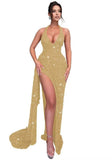 Sparkly Sequin Halter Prom Dresses for Women Mermaid Formal Dress with Slit Backless Ruched Evening Party Gowns