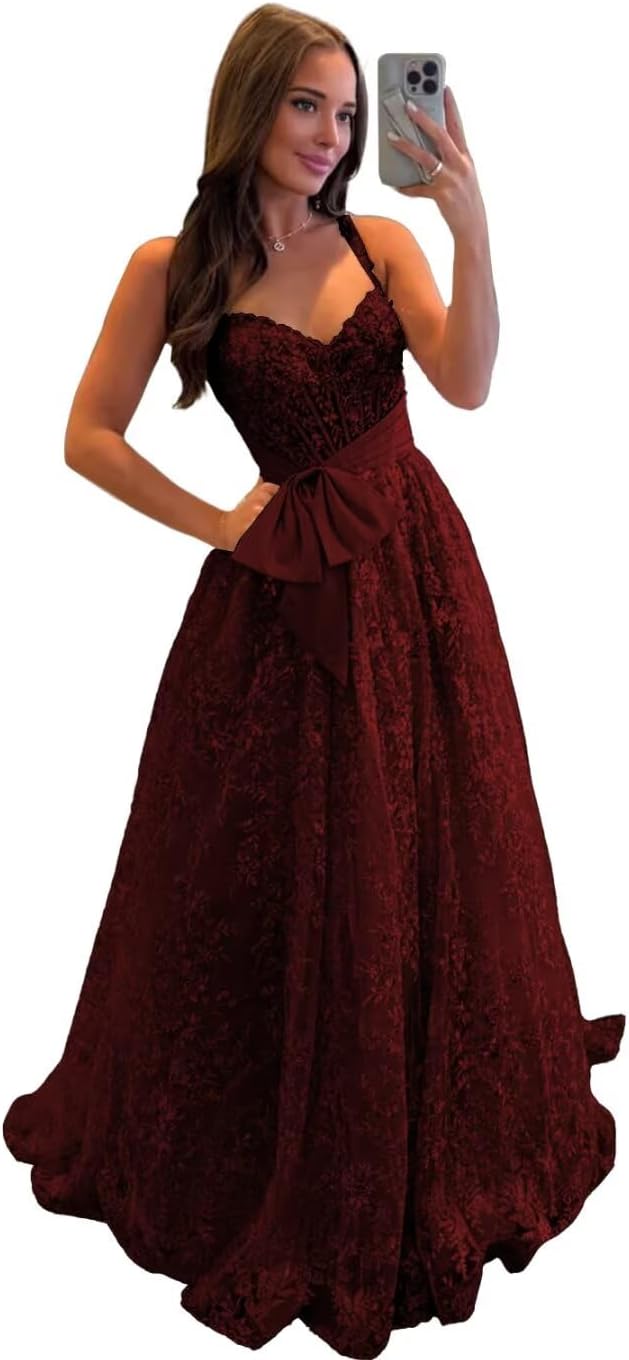 Lace Tulle Prom Dresses with Bow Appliques Corset A Line Long Formal Dress