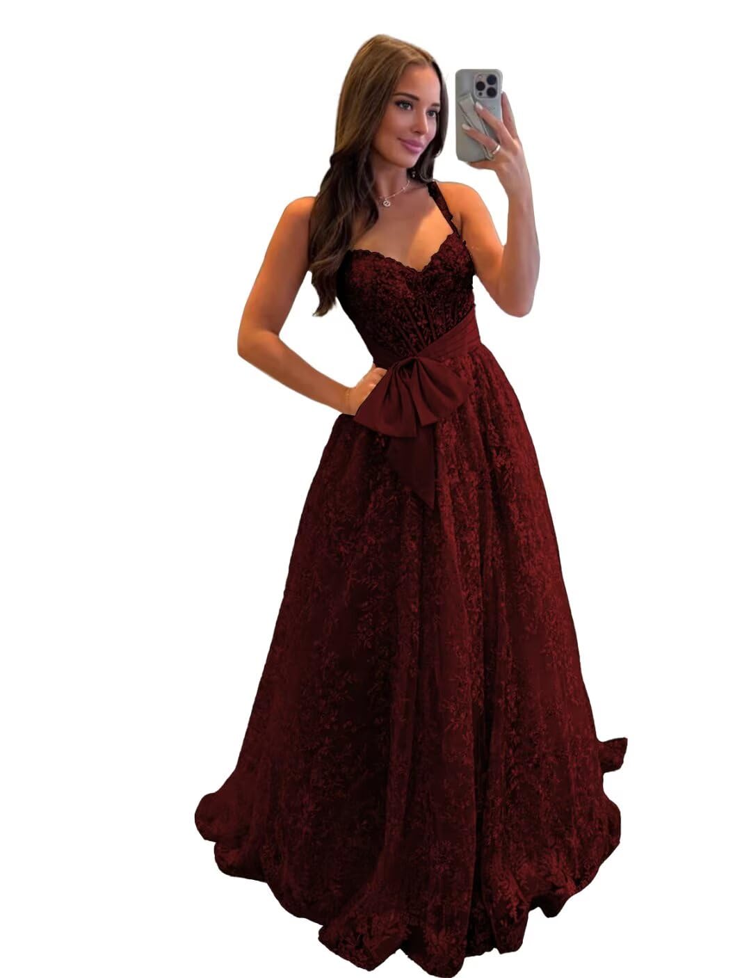 Lace Tulle Prom Dresses with Bow Appliques Corset A Line Long Formal Dress