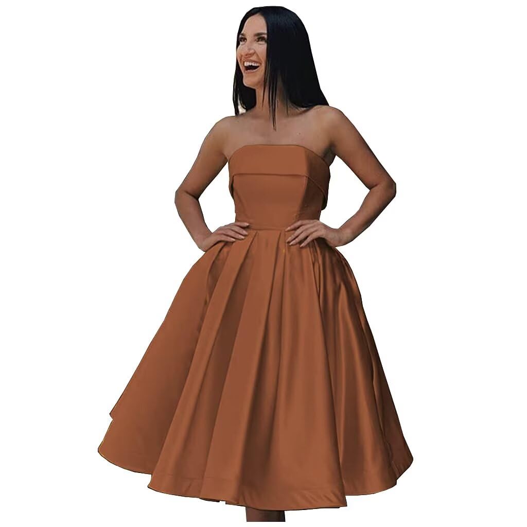 Tea Length Satin Cocktail Party Dresses for Women, Strapless Formal Evening Prom Gown Homecoming Graduation Dresses