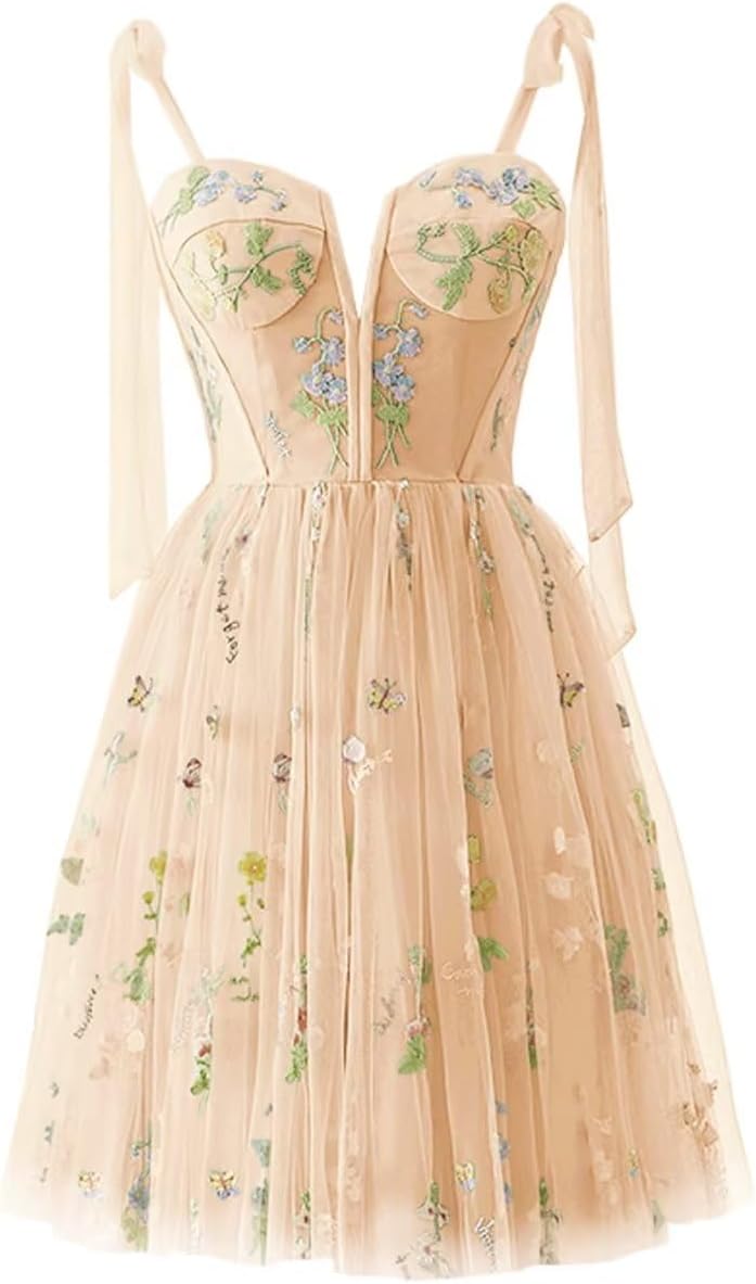 Vestidos de fiesta para mujer, con tirantes finos, cortos, bordados de flores, tul, vestidos formales 