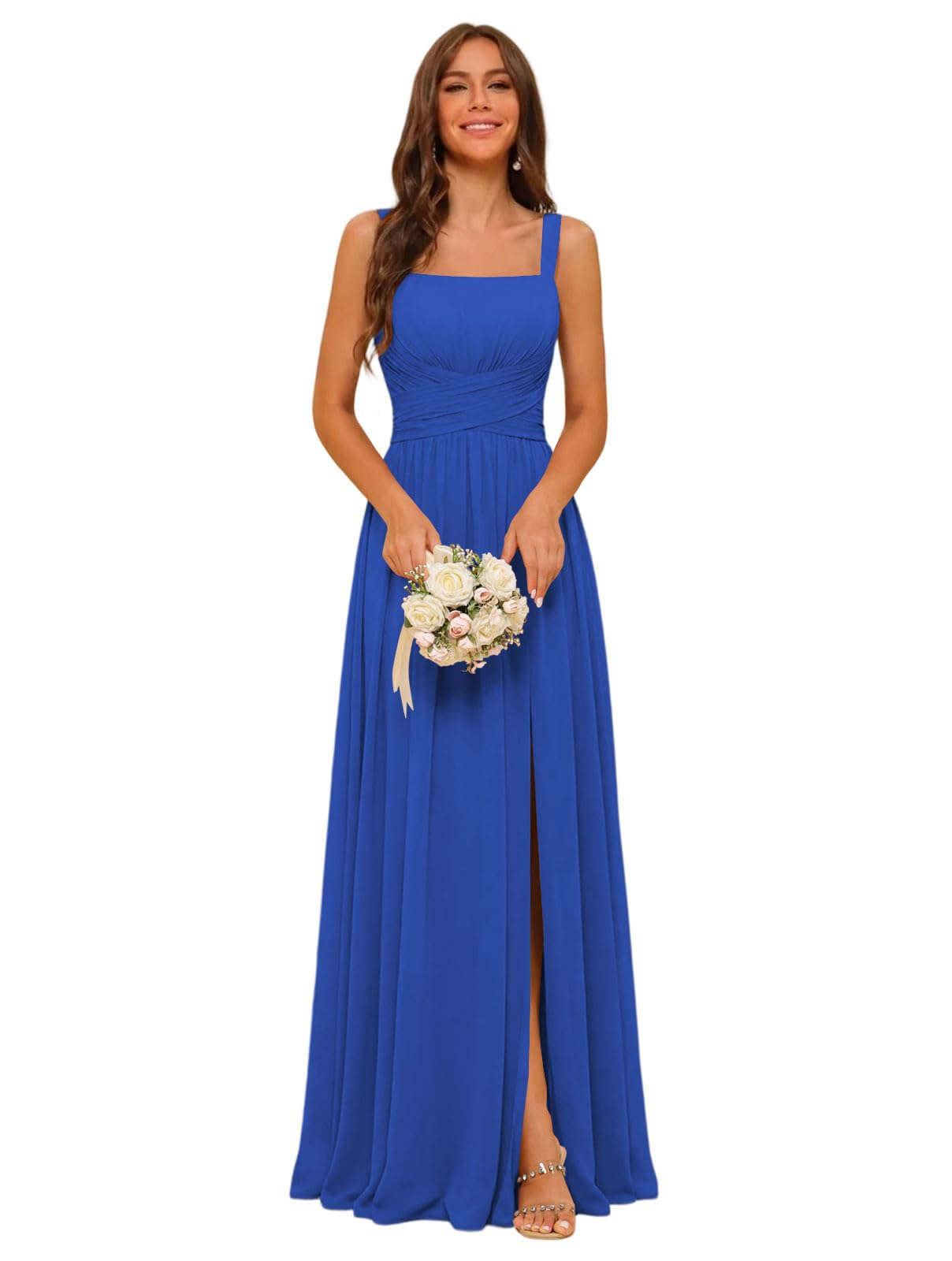 Square Neck Bridesmaid Dress Spaghetti Straps Chiffon Long Formal Dress for Women
