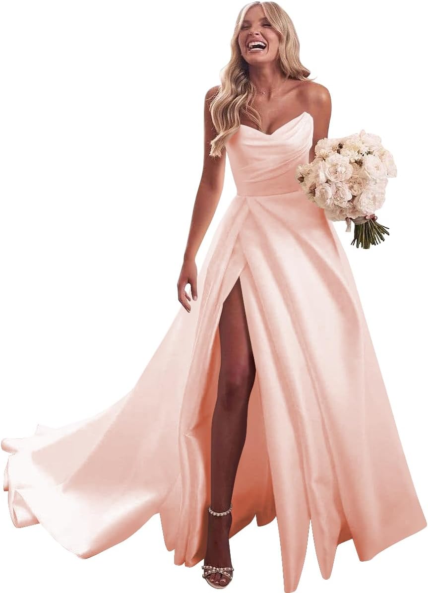 Strapless Satin Prom Wedding Dresses with Slit Long Pleats Formal Ball Bridal Gowns with Pockets
