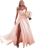Strapless Satin Prom Wedding Dresses with Slit Long Pleats Formal Ball Bridal Gowns with Pockets