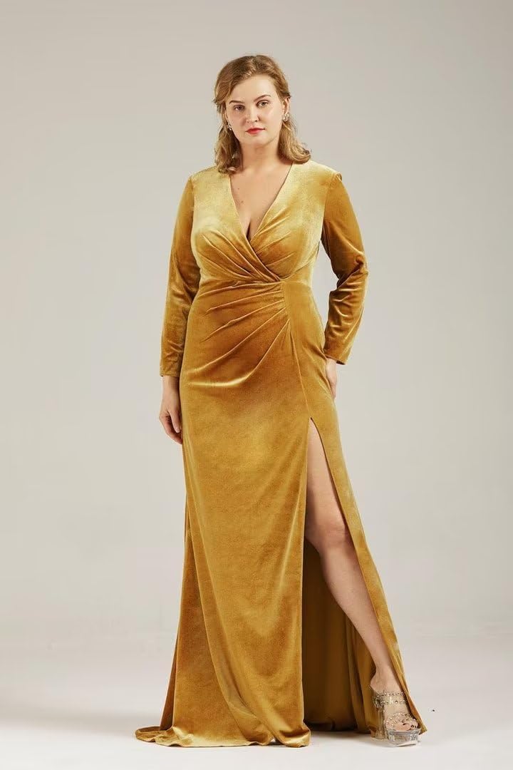 Langärmliges Brautjungfernkleid aus Samt mit Schlitz, V-Ausschnitt, Meerjungfrau-Stil, formelles Kleid für Damen