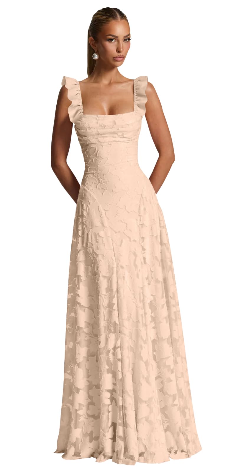 Ruched Jacquard Prom Dresses for Women Teens Ruffle Strap Floral Maxi Formal Dress Evening Gown