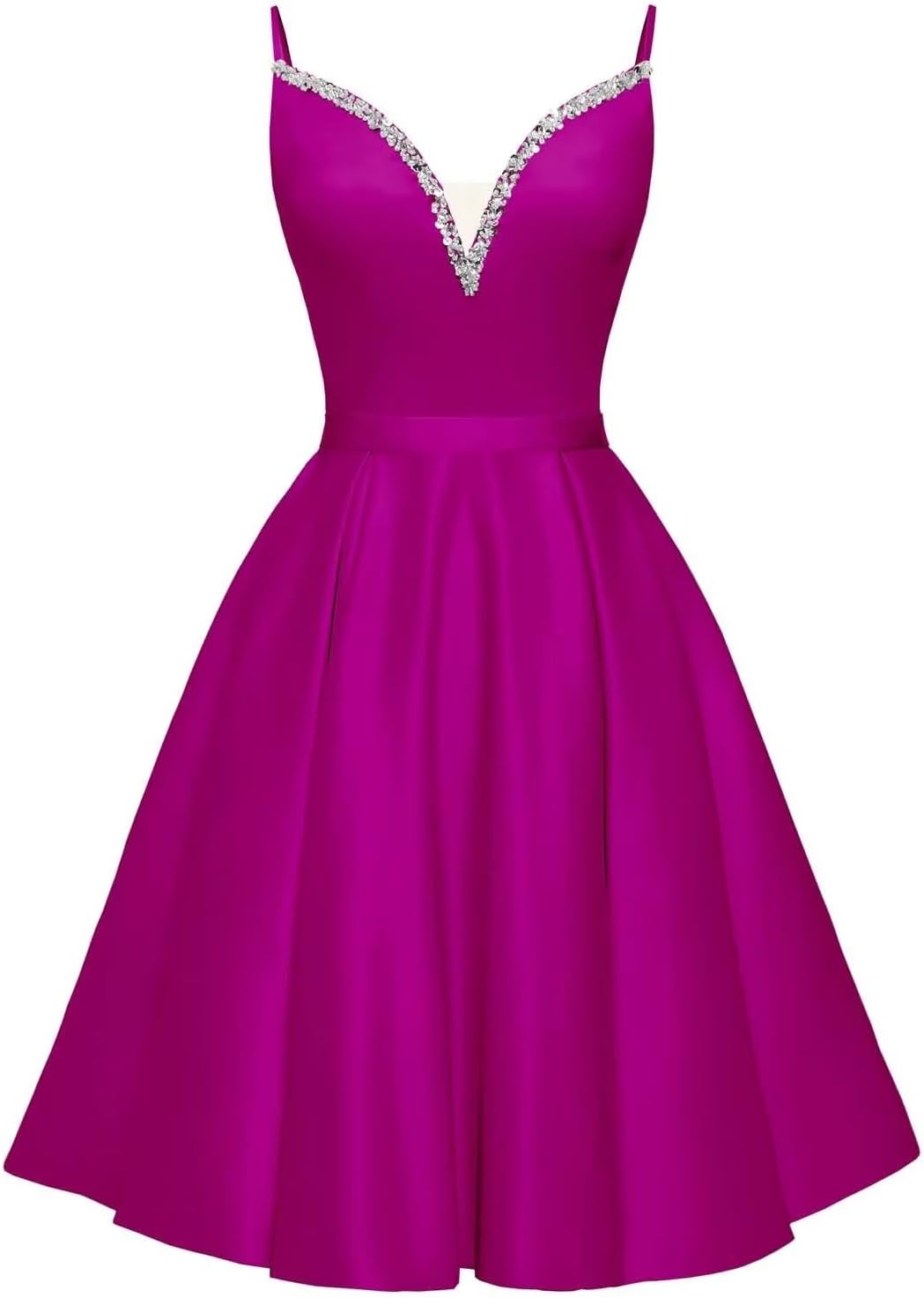 Spaghetti Straps Satin Homecoming Dresses for Teens V-Neck Short Prom Dress A-Line Beaded Cocktail Party Gowns