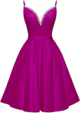 Spaghetti Straps Satin Homecoming Dresses for Teens V-Neck Short Prom Dress A-Line Beaded Cocktail Party Gowns
