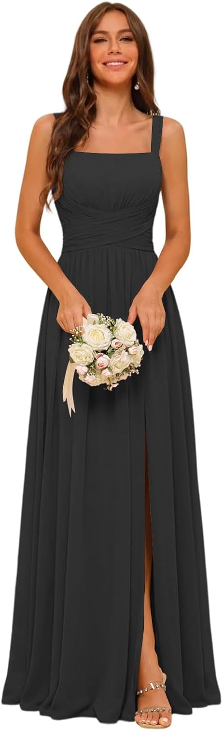 Square Neck Bridesmaid Dress Spaghetti Straps Chiffon Long Formal Dress for Women