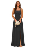 Square Neck Bridesmaid Dress Spaghetti Straps Chiffon Long Formal Dress for Women