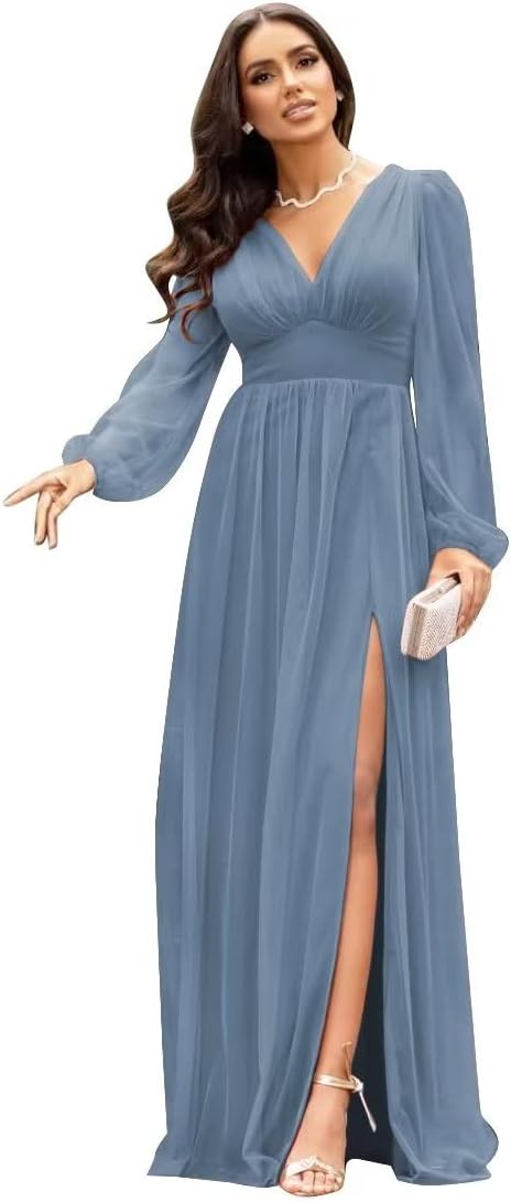 Langärmlige Brautjungfernkleider für Hochzeiten, V-Ausschnitt, formelles Kleid mit Schlitz, Chiffon-Ballkleid