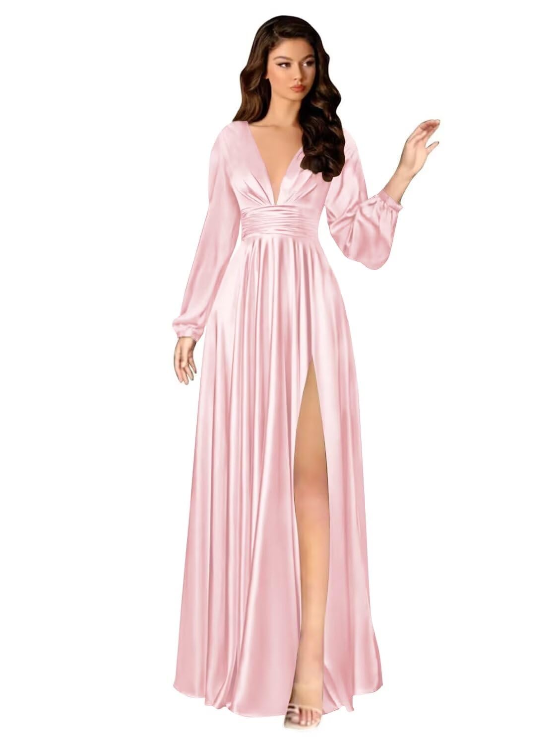 Kingbridal Gowns Long Sleeve Satin Bridesmaid Dresses for Women Long A-Line V-Neck Pleated Formal Evening Party Ball Gown with Slit