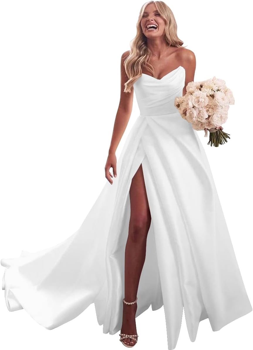 Strapless Satin Prom Wedding Dresses with Slit Long Pleats Formal Ball Bridal Gowns with Pockets
