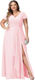Vestidos de dama de honor de talla grande con mangas con volantes y bolsillos, vestido formal largo con escote en V y abertura. 