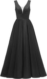 Glitter Satin Prom Dresses for Women Long V Neck A-Line Pleated Formal Evening Party Gowns with Pockets